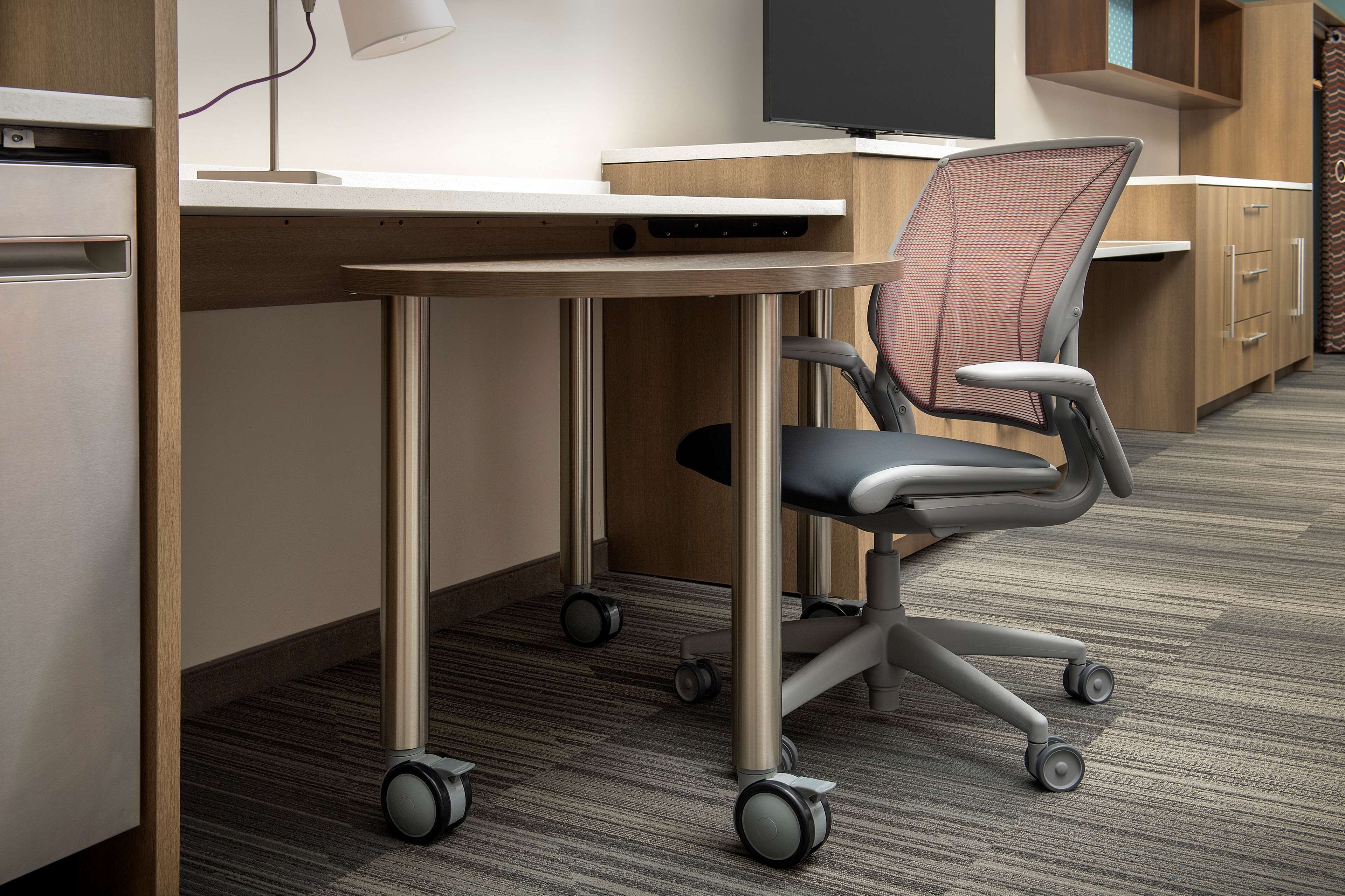 desk, laptop workspace, blackout curtains, iron/ironing board