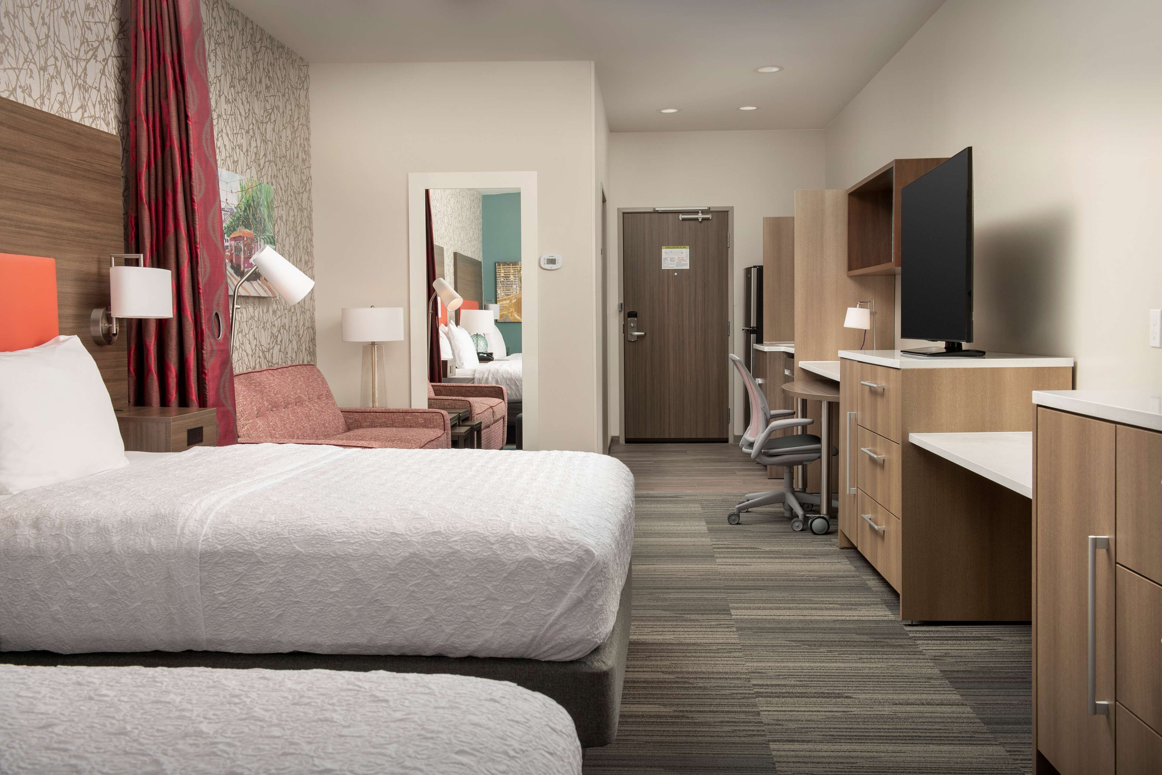 desk, laptop workspace, blackout curtains, iron/ironing board