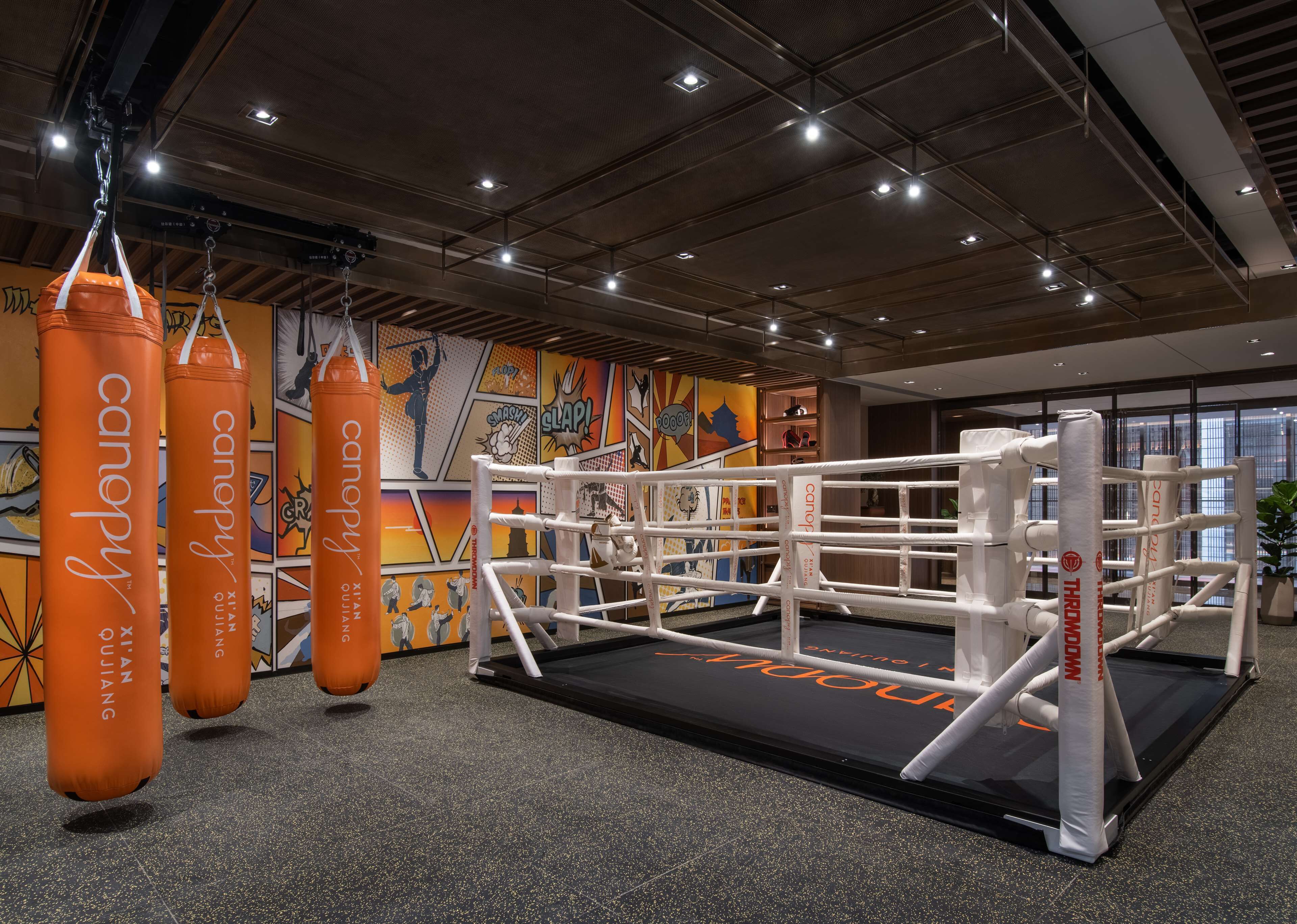A boxing ring with orange punching bags labeled "canopy" in a gym with a comic-style mural on the wall.