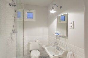Un baño moderno con ducha envuelta en vidrio, inodoro blanco, lavamanos y espejo.