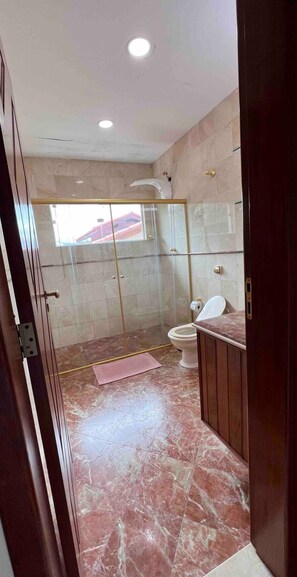 Bathroom features a glass-enclosed shower, toilet, and natural light.