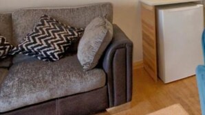 A grey sofa with patterned cushions, a small white appliance, and a wooden floor. - Charming 1-bed Cottage in Inverness (Inverness)
