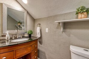 Hair dryer, towels, soap, shampoo
