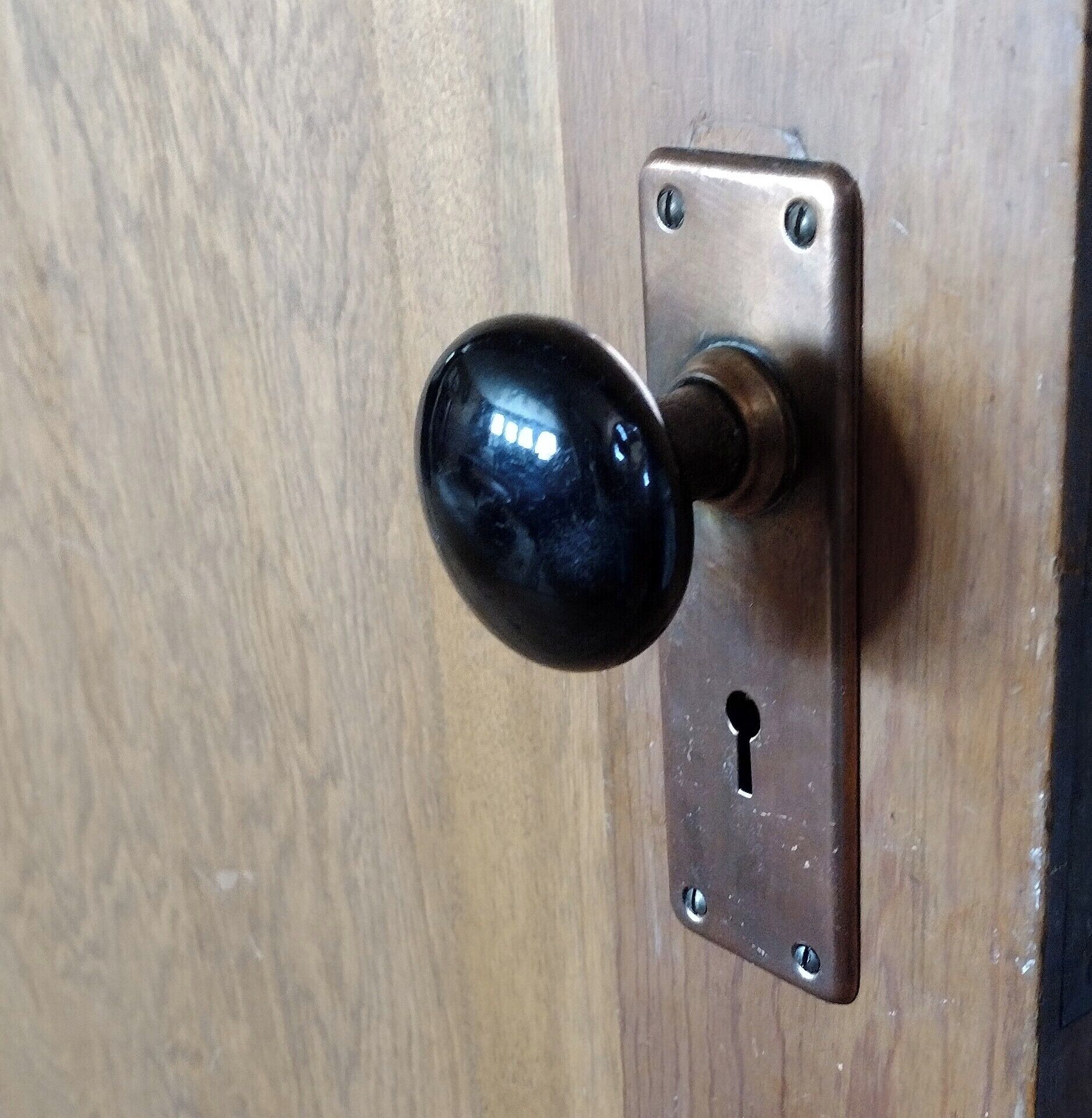 A door with a round, black handle and a keyhole.