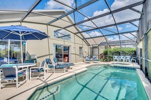 Outdoor pool, a heated pool, sun loungers