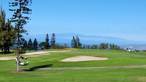 Enjoy a serene golfing experience with ocean and mountain views, surrounded by lush trees and challenging sand bunkers.