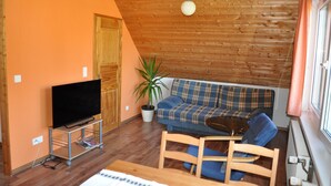 Een gezellige woonkamer met een houten plafond, een geruit bankstel, een televisie op een trolley, en een plant in pot.