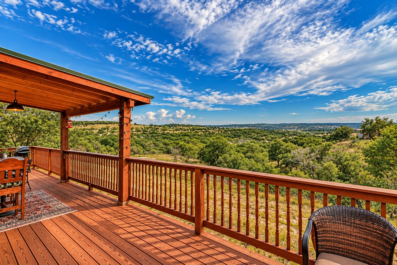 Une terrasse en bois avec une rambarde, un espace salon abrité et une vue sur un paysage verdoyant.