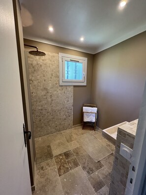 Combined shower/tub, hair dryer, bidet, towels
