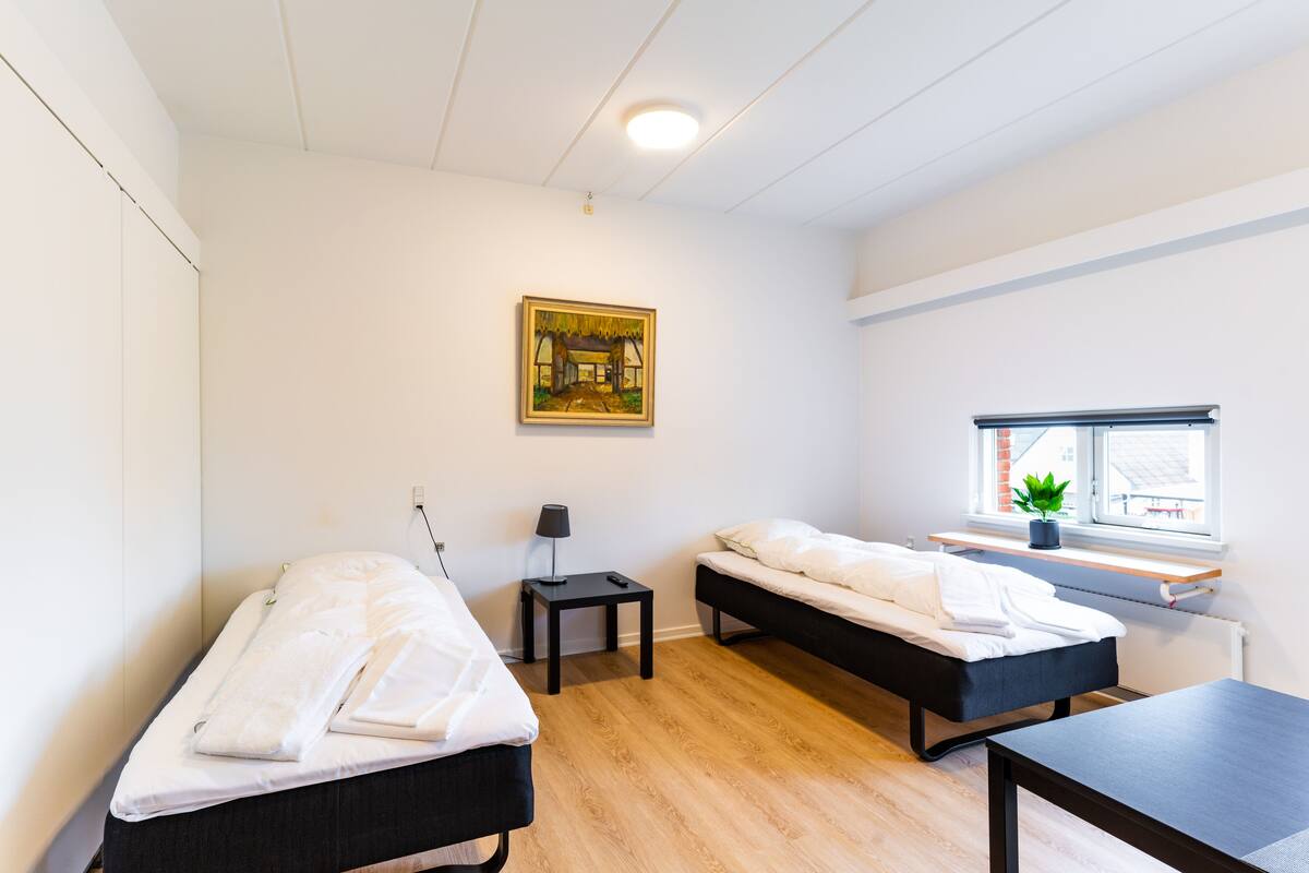 Une chambre d’hôtel avec deux lits simples, une petite table, une table de chevet, un tableau au mur et une fenêtre avec une plante sur le rebord.