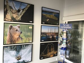 A wall with various framed photographs, including wildlife and scenic views. - Djurs Housing (Trustrup)