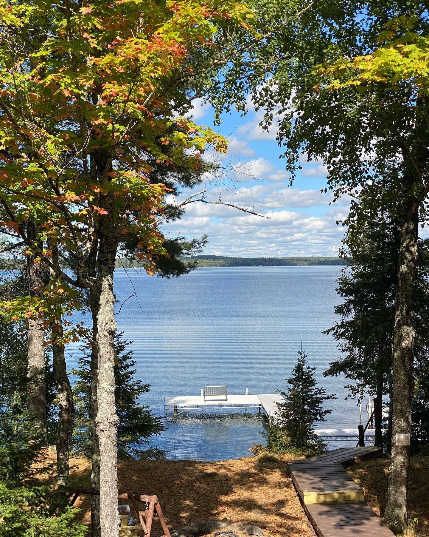 Vista sul lago con un pontile che si protende nell'acqua, circondato da alberi e un cielo sereno.