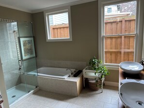 Bathtub, jetted tub, hair dryer, towels