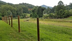 A fenced field with a road running through it, surrounded by trees and hills.