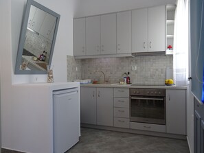 Fridge, oven, stovetop, coffee/tea maker