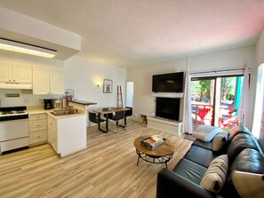 Smart TV, fireplace, table tennis, books