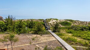 Een houten looppad leidt omhoog een zandheuvel met schaarse begroeiing en een heldere lucht.