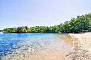 Ein Strand mit klarem Wasser, einem sandigen Ufer und einem bewaldeten Hintergrund.