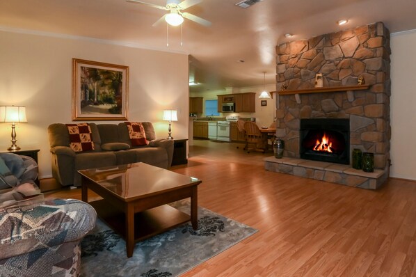 Smart TV, fireplace, books, video library