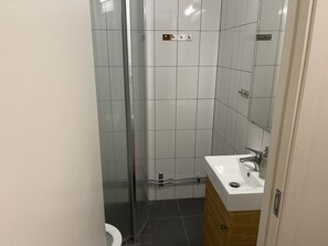 Duschwanne, Handtücher, Seife, Toilettenpapier