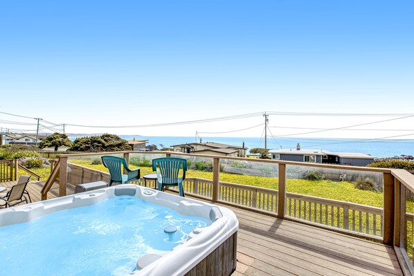 Terrace/patio - Ocean View Home w/ Private Hot Tub, Wood Stove, Large Deck & Yard - 2 Dogs OK (Bodega Bay)