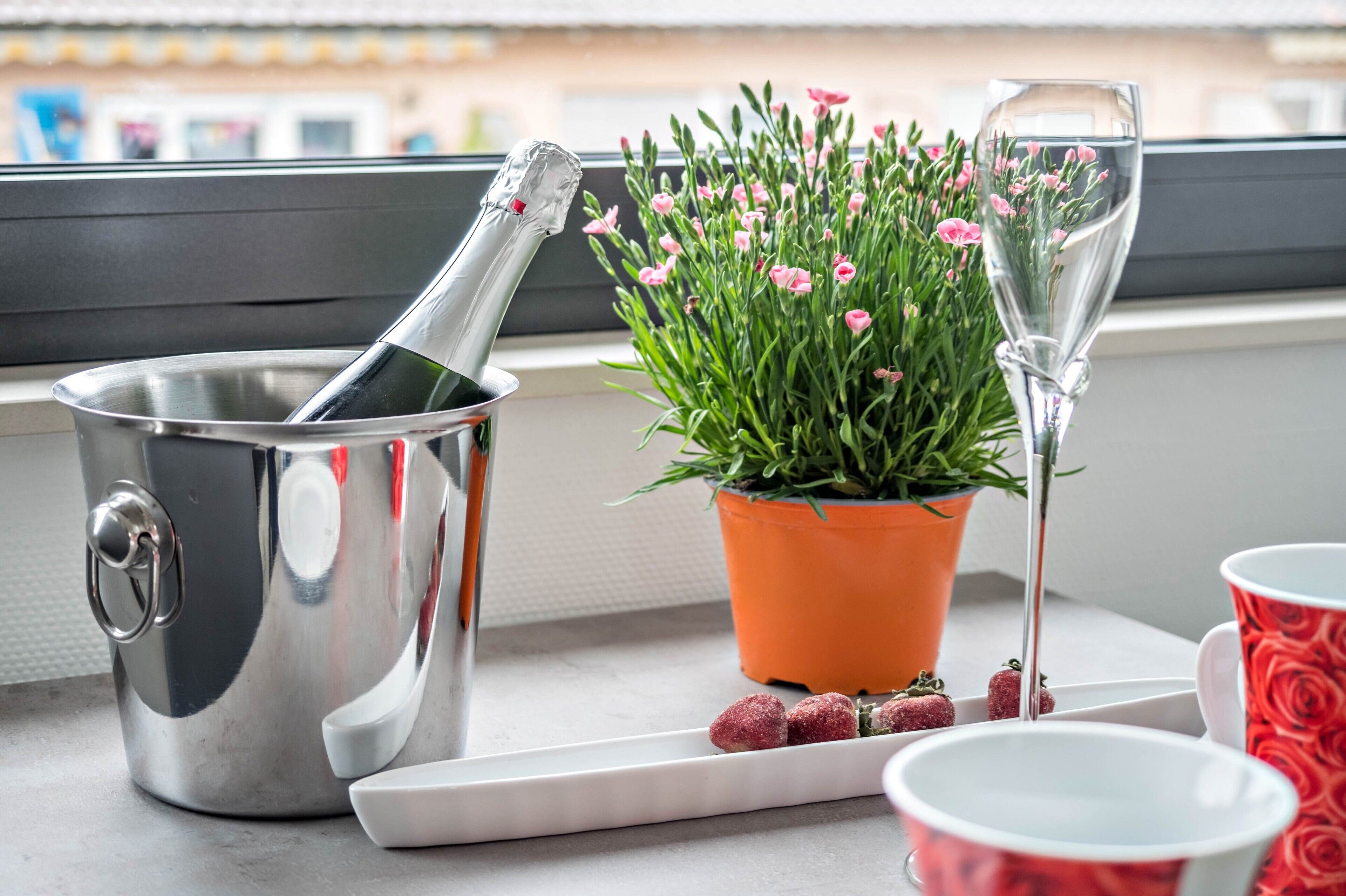 A stainless steel champagne bucket, a potted plant with pink flowers, a glass of champagne, and a red cup with a rose pattern on a tray.