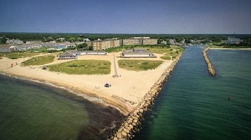 Arieal view of the Belmont featuring an expansive beach facing Nantucket sound.