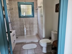 A bathroom with a shower, toilet, and a small window. - 4 bedroom house, Panoramic view of the Saint Paul de Vence region (ST PAUL)