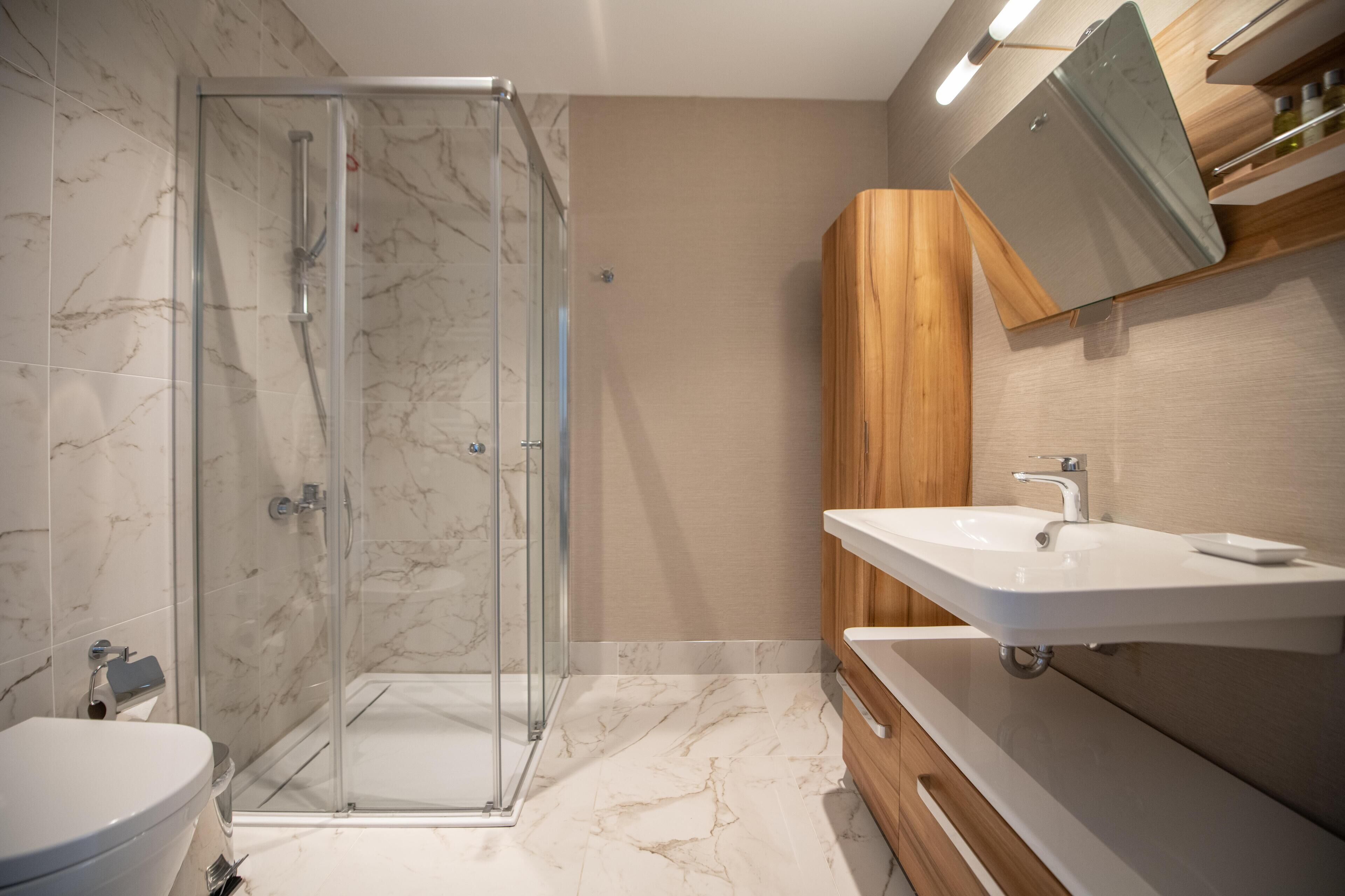 shower, rainfall showerhead, free toiletries, hair dryer