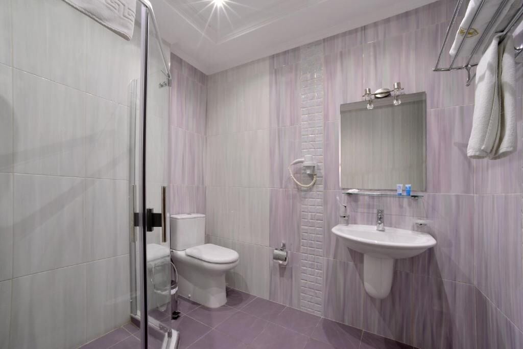 A bathroom with a glass shower enclosure, a toilet, and a sink with a mirror above it.