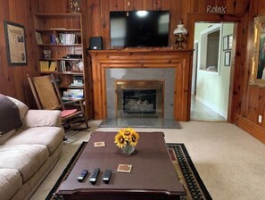 Smart-tv, een open haard, een dvd-speler en een filmbibliotheek