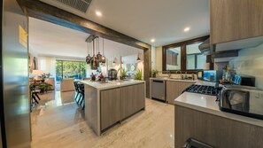 Fridge, oven, dishwasher, cookware/dishes/utensils - Modern apartment with lake view in El Portillo QB (Las Terrenas)