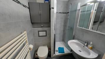 Shower, hair dryer, soap, toilet paper