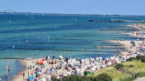 Balkon - Sommerlicher Strand mit Strandkörben, Badenden und Blick auf die Ostsee