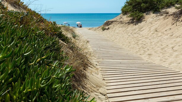 A wooden boardwalk leading to a beach with sand dunes and sparse vegetation. - 2089 Casa Bouganville (Manduria)