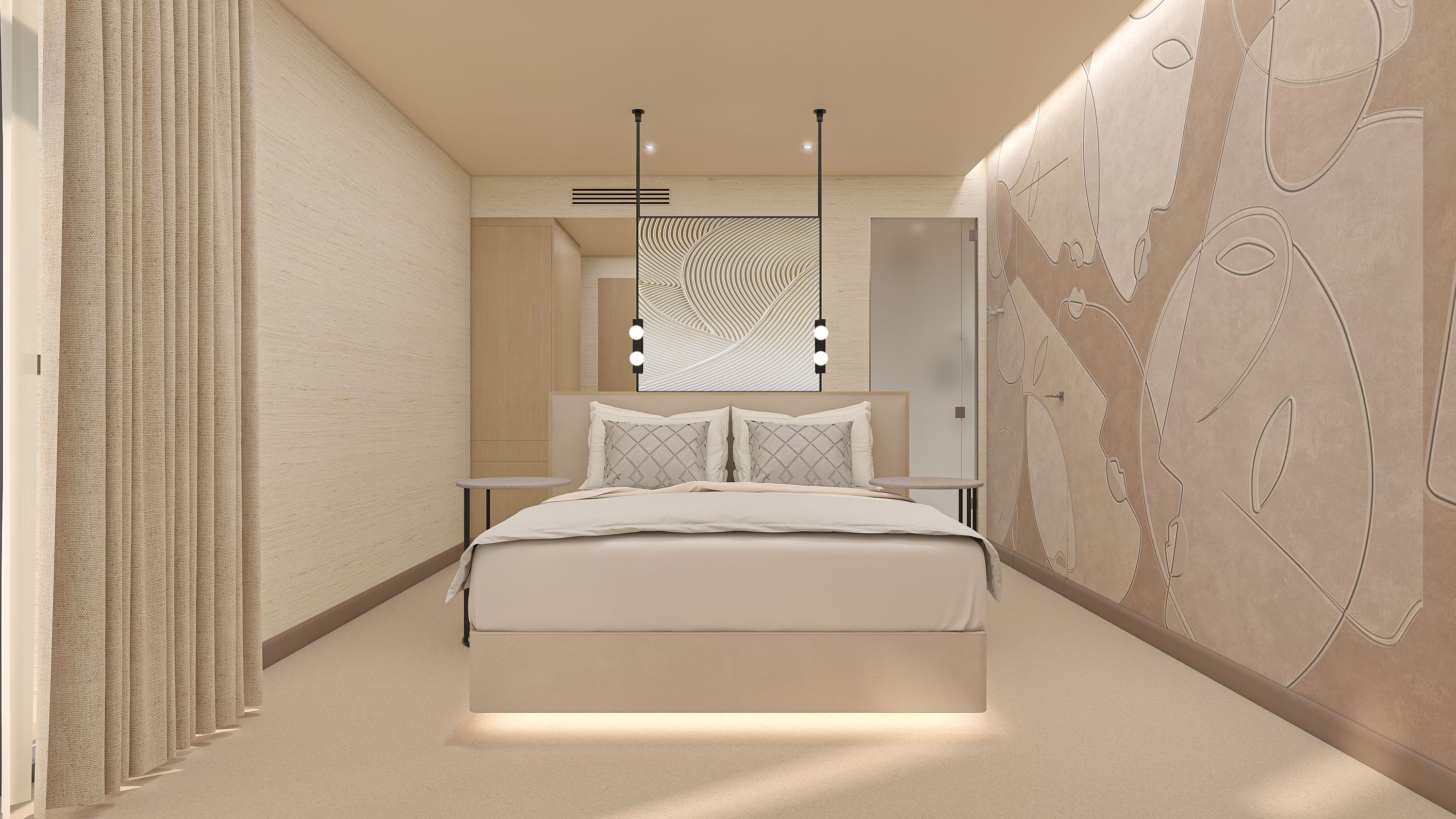 Un dormitorio moderno con una cama, mesitas de noche y una pared decorada con motivos abstractos.