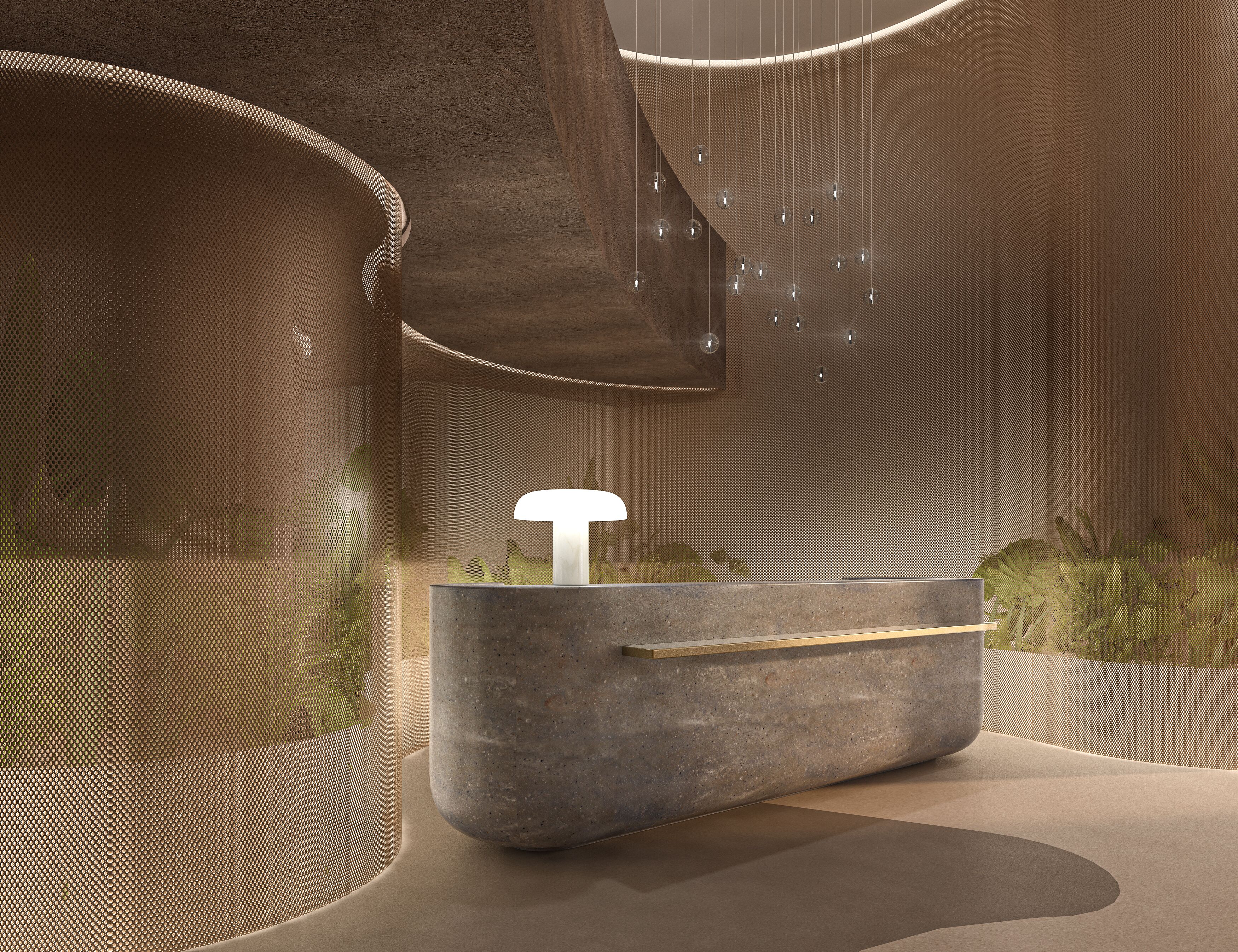 A modern, minimalist bathroom with a concrete sink, a hanging light fixture, and a textured wall.