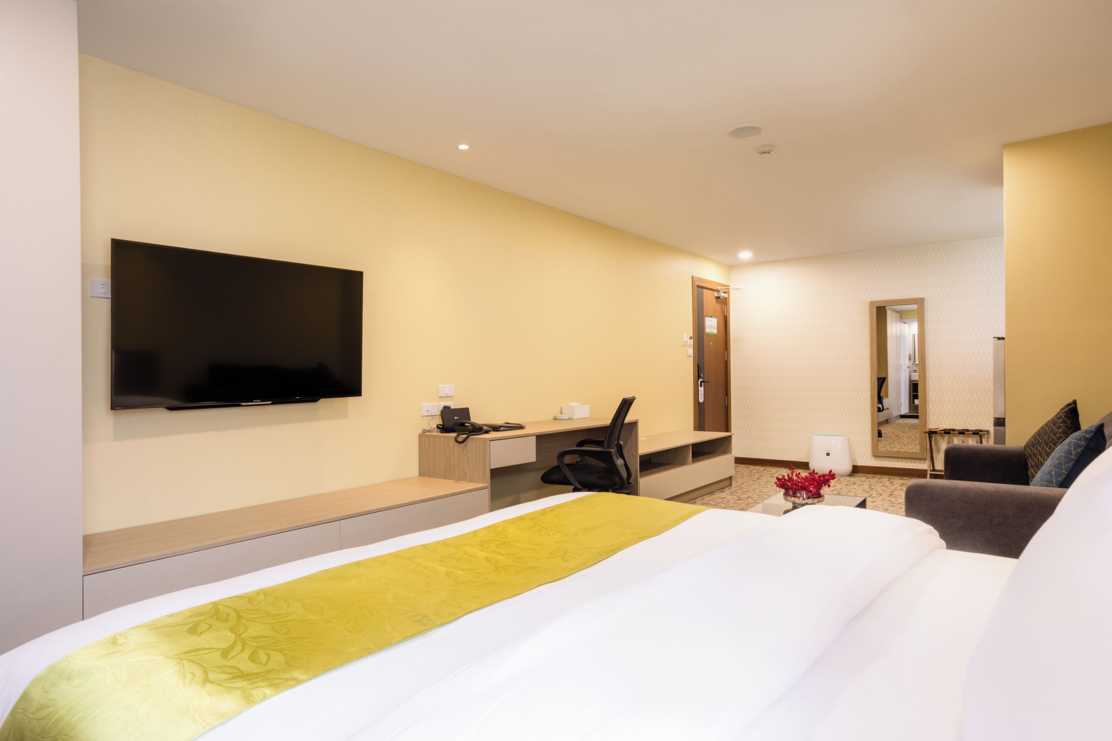 A hotel room with a bed, a desk, a chair, a television, and a mirror.