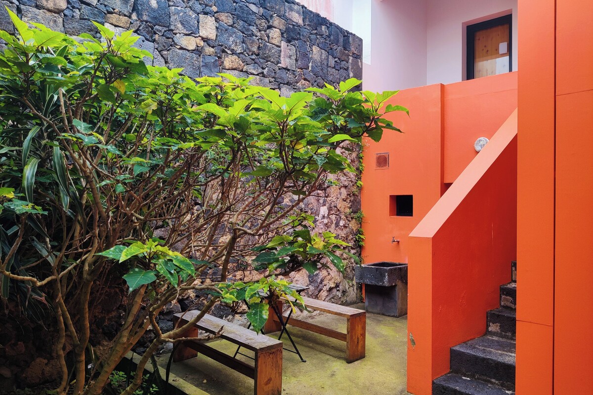 A courtyard with a stone wall, a wooden bench, and a staircase leading to an orange building.