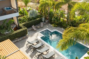 A rooftop pool area with lounge chairs, a hot tub, and lush tropical plants.