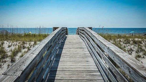 A wooden boardwalk leading to the beach with a clear view of the ocean. - Gulf Shores Surf & Racquet Club 212A (Gulf Shores)