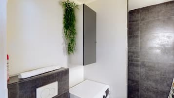 Shower, hair dryer, towels