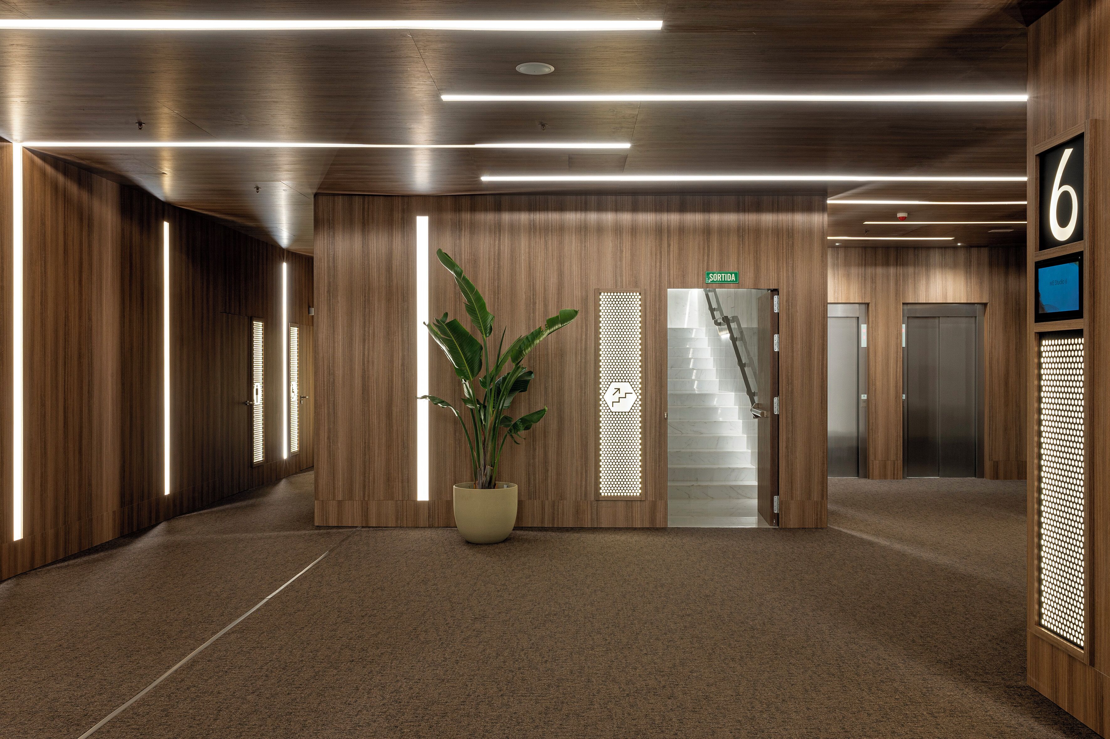 A modern elevator lobby with wooden paneling, a potted plant, and a digital display showing the floor number.