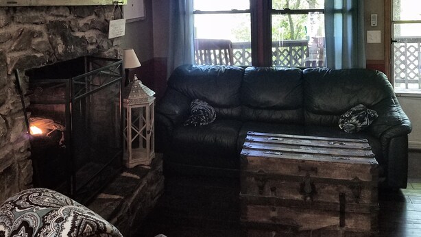 A cozy living room with a stone fireplace, a green leather sofa, and a wooden chest of drawers.
