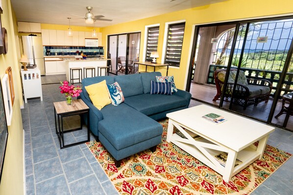 Smart TV, books, music library, video library - Spacious Luxury Open Plan Condo: Convenient Location.  Large Balcony. Sea View. (Christiansted)
