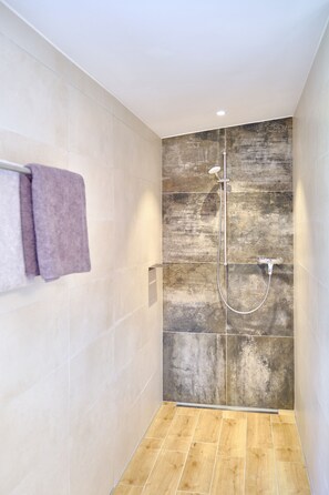 Shower, hair dryer, towels, soap