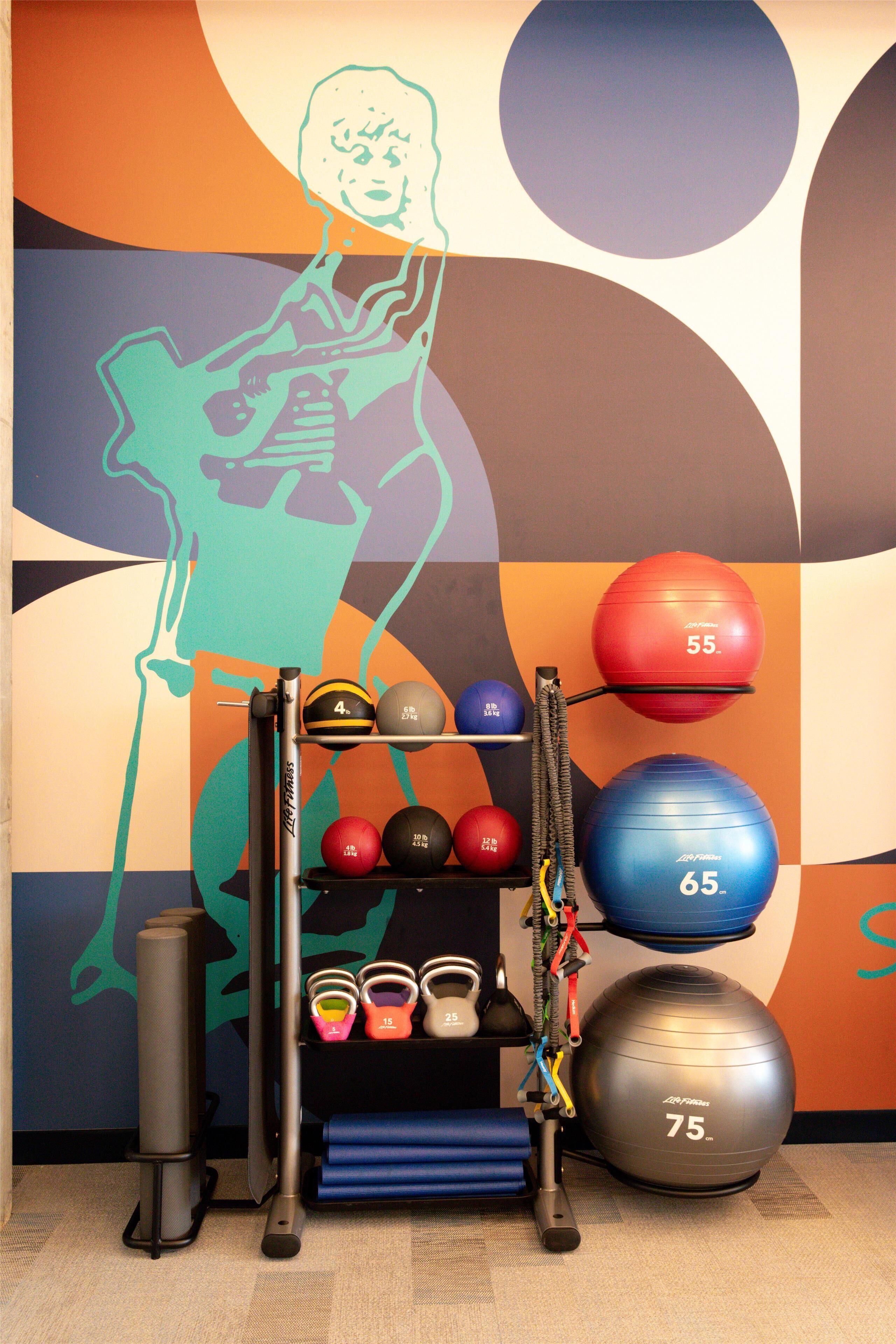 A gym with exercise equipment, including a squat rack, kettlebells, and exercise balls.
