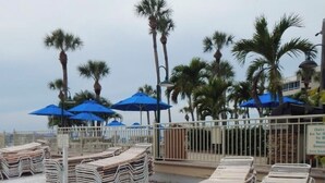 Een strand met ligbedden en parasols, palmbomen en een omheind gebied.