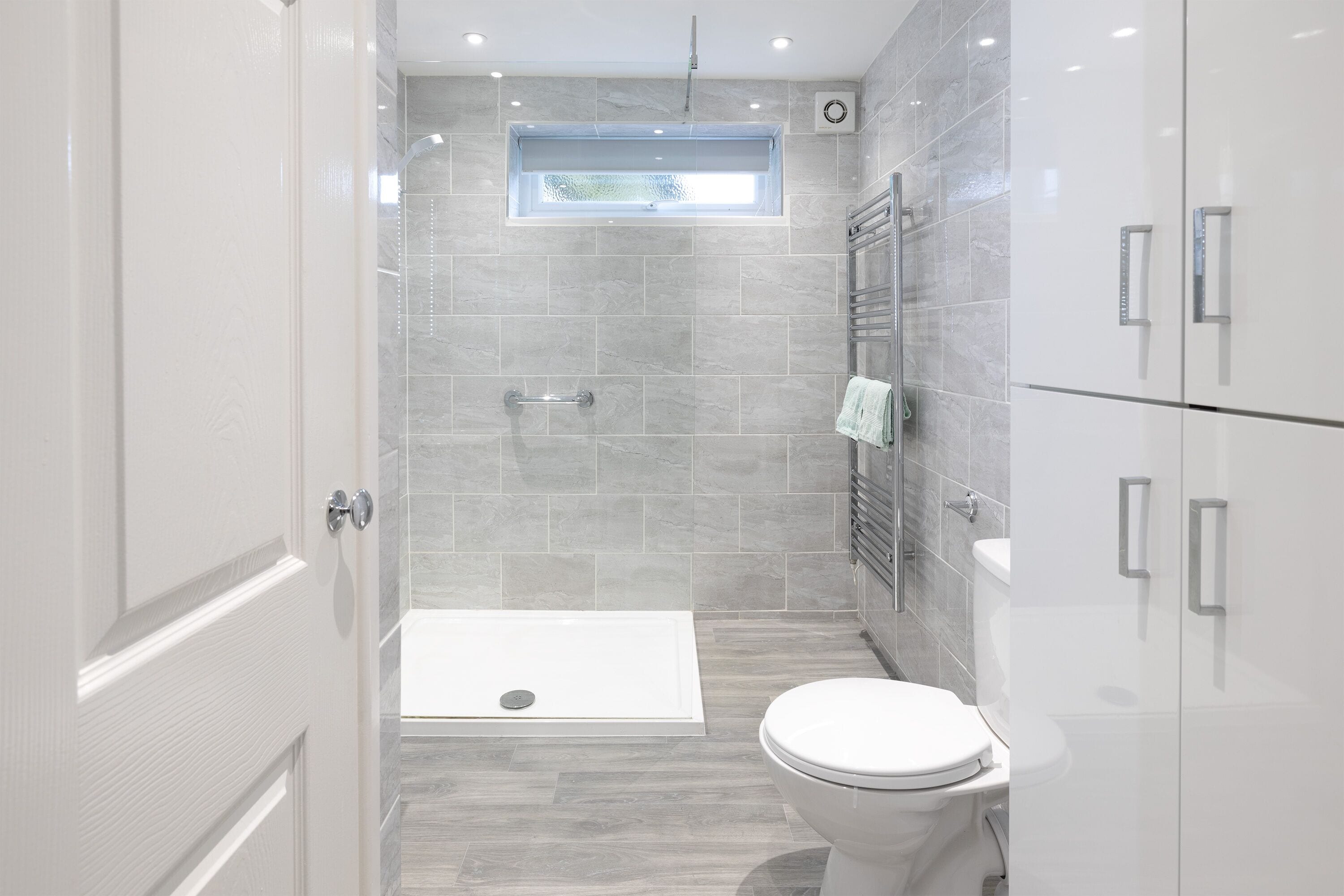 A modern bathroom with a walk-in shower, a toilet, and a vanity with a mirror.