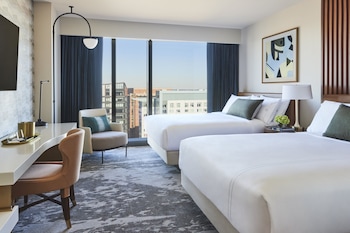 Hotel room view looking out at Omni Boston Hotel at the Seaport